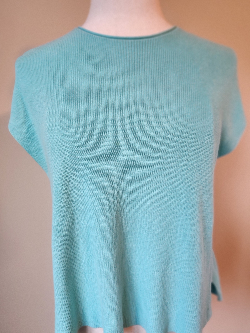 Eileen Fisher Italian Yarn Ribbed Knit Boxy Cap Sleeve Top Aqua Size Small S